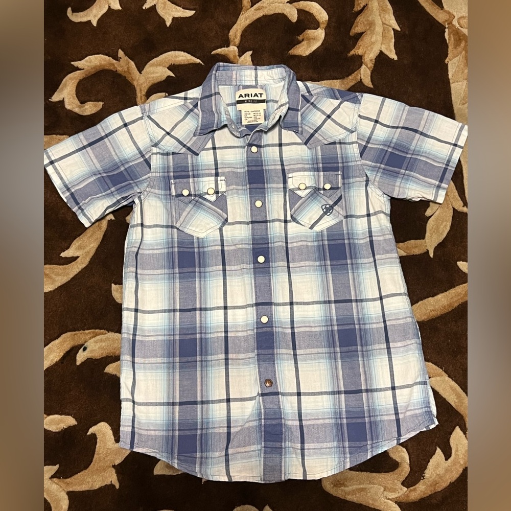 Ariat Kids Blue Plaid Shirt button up medium 10-12 western